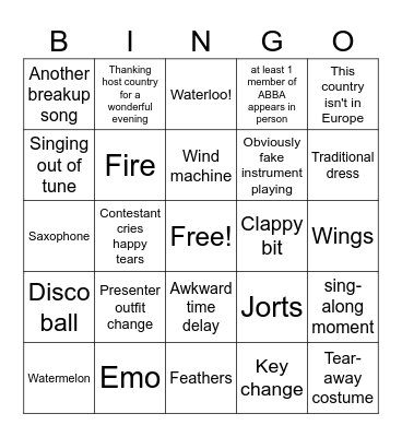 Eurovision 2024 bingo Card