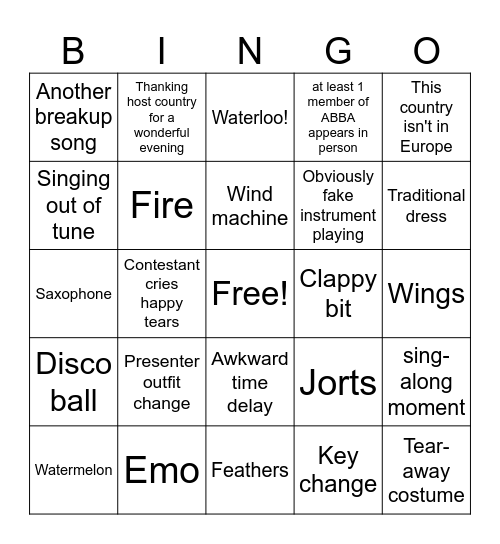 Eurovision 2024 bingo Card