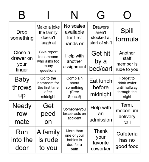 A Rough Night Bingo Card