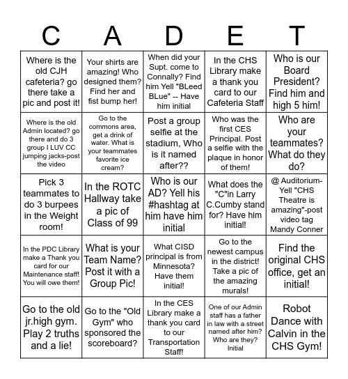 Cadet Pride BINGO Card