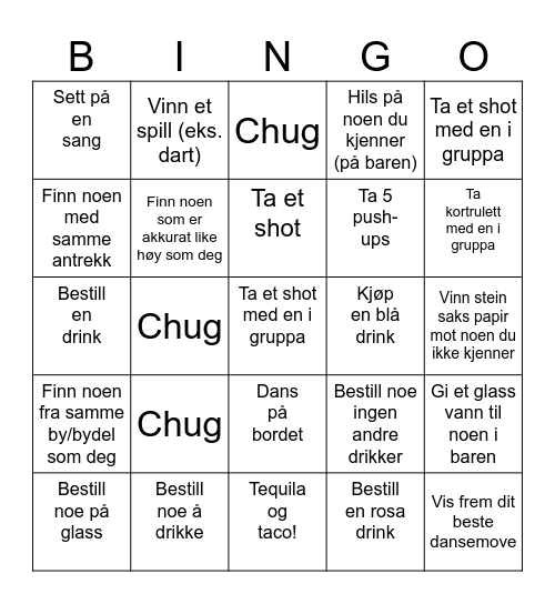 Bar til Bar Bingo Card