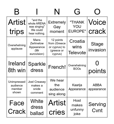 Eurovision Bingo Card