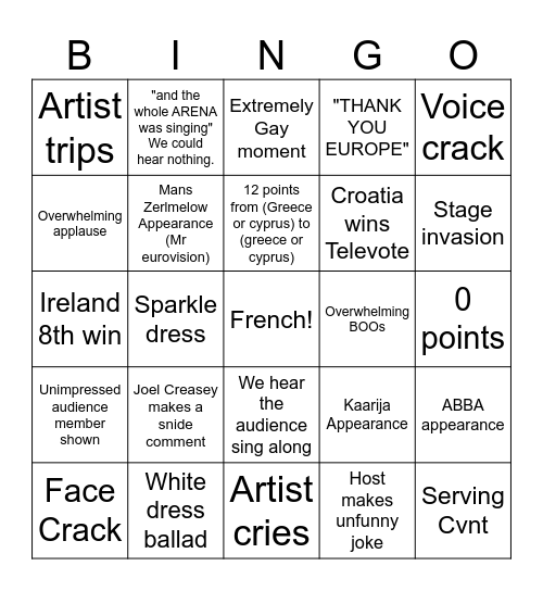 Eurovision Bingo Card