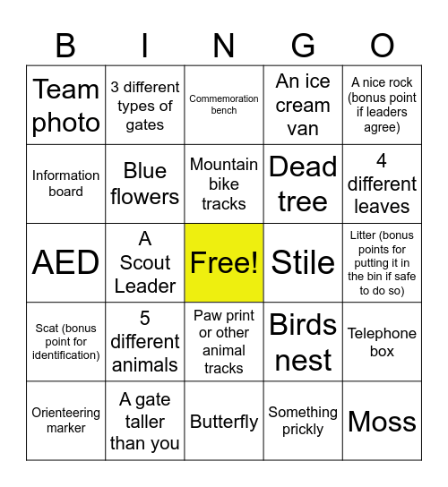 Hiking Bingo Card