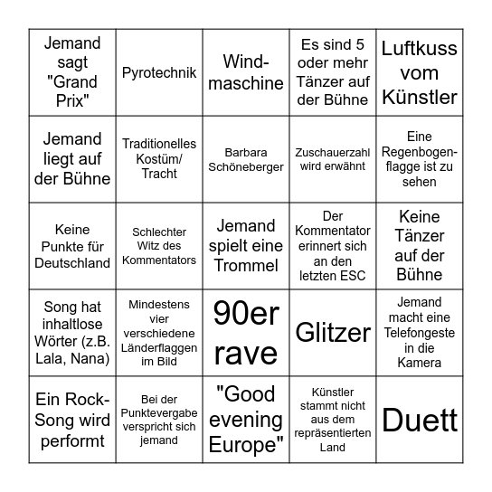 ESC Bingo 2024 Bingo Card