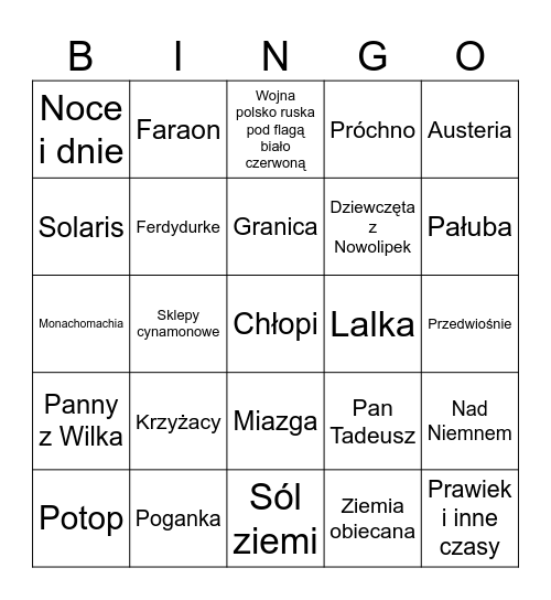 Polska Literatura Bingo Card