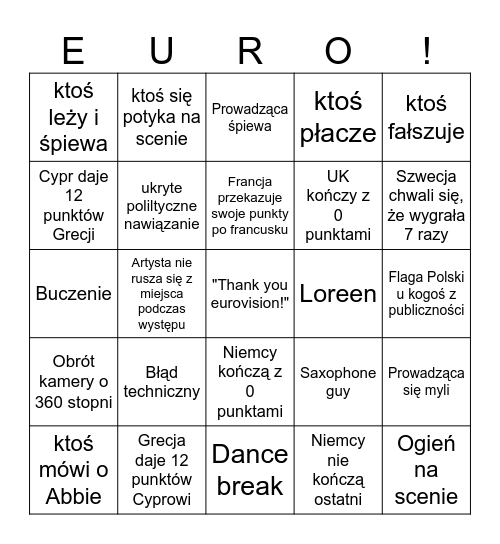 Eurovision 2024 (Polish) Bingo Card