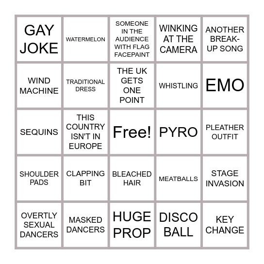 EUROVISION BINGO Card