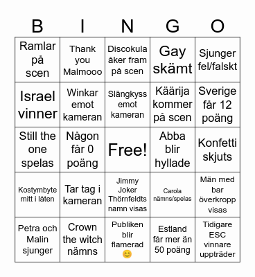 Eurovision Bingo Card