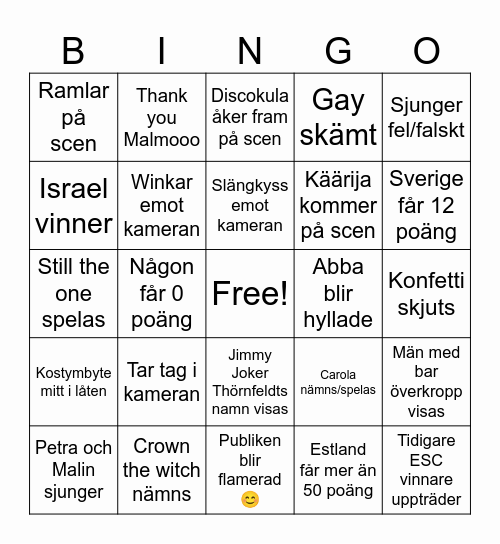 Eurovision Bingo Card