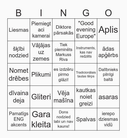 Eirovīzijas BINGO 2024 Bingo Card