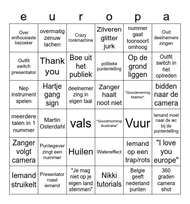 Eurovisie 2024 bingo Card