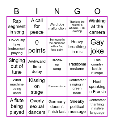 Eurovision Bingo Card