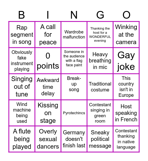 Eurovision Bingo Card