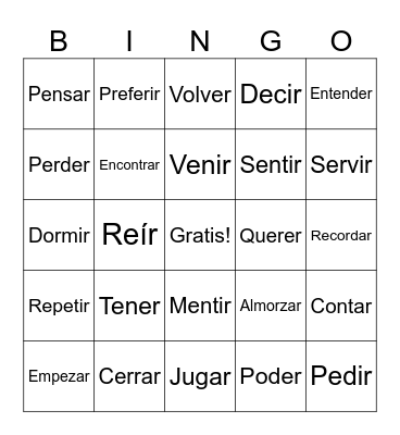 Stem Changing Verbs Meaning Bingo Card
