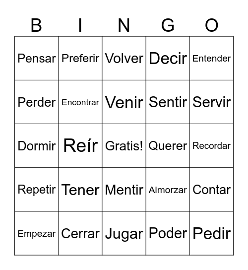 Stem Changing Verbs Meaning Bingo Card
