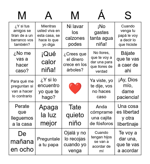 Dia de las Madres Bingo Card