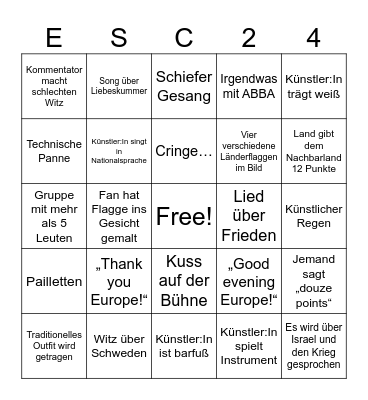 Esc Bingo 2024 Bingo Card