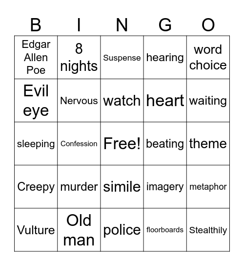 Tell Tale Heart Bingo Card