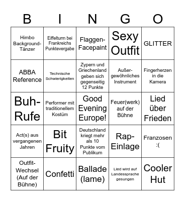 Eurovision Bingo Card