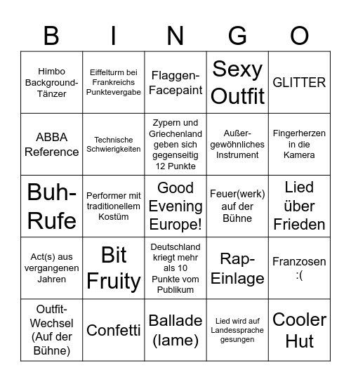 Eurovision Bingo Card