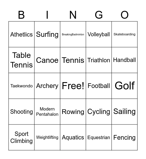 Olympic Bingo Card