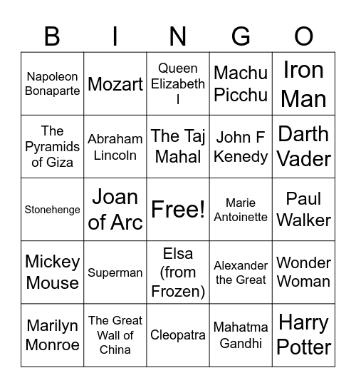 Characters & Places Bingo Card