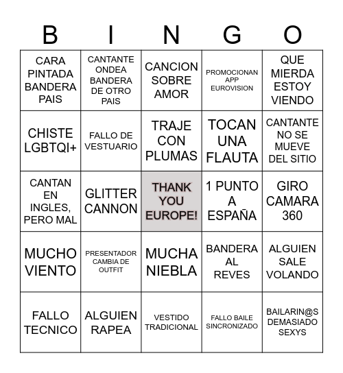 EUROVISION 2024 Bingo Card