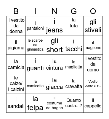i vestiti Bingo Card