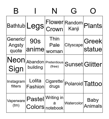 Tumblr Aesthetic Bingo Card
