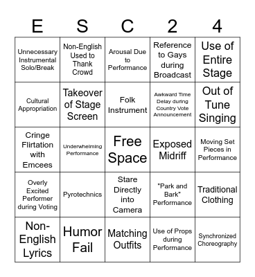 Eurovision Song Contest 2024 Bingo Card