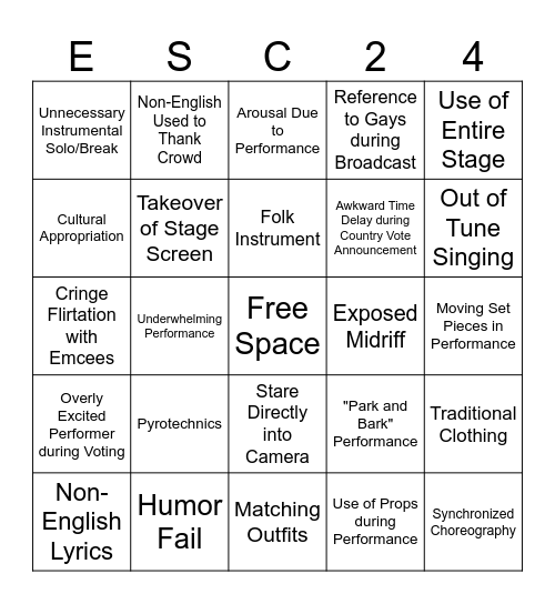 Eurovision Song Contest 2024 Bingo Card