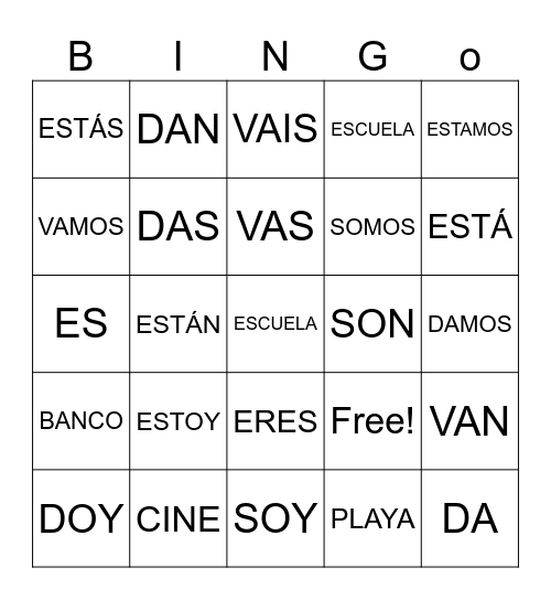 Estar, Ir, dar and Ser Spanish Conjugations Bingo Card