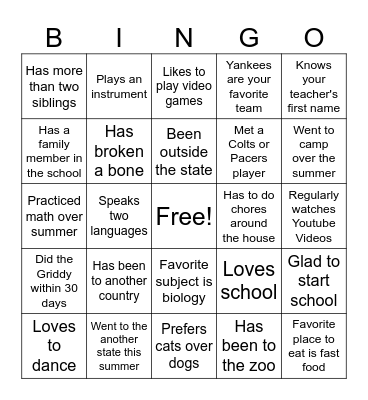 First Day of School Bingo Card