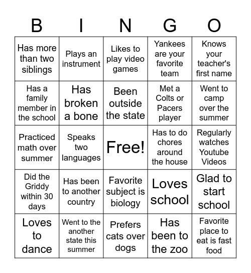 First Day of School Bingo Card