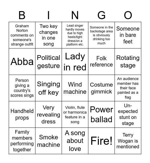 Eurovision Bingo Card