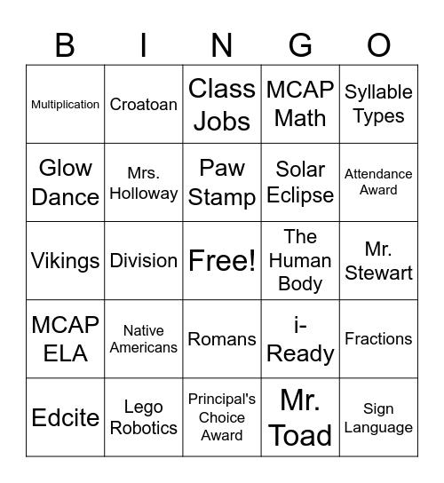 Class Memories Bingo Card