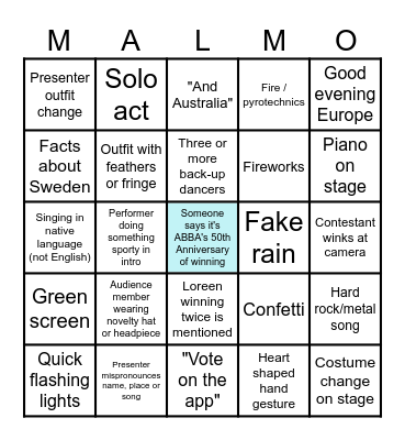 Eurovision 2024 Bingo Card