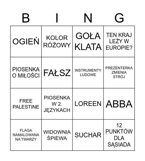 EUROVISION 2024 Bingo Card