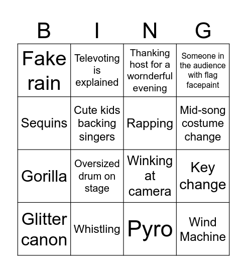 Eurovision Bingo Card