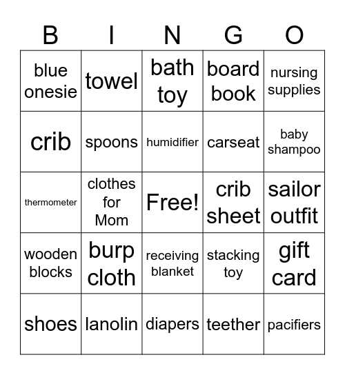 Baby Gift Bingo Card