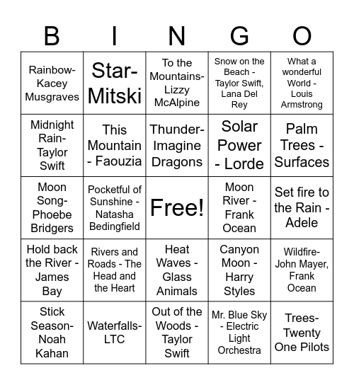 Musical Bingo- Nature Bingo Card