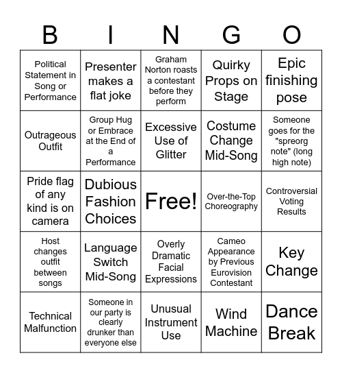 Eurovision 2024 Bingo Card