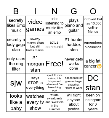 Tyler @trangender Bingo Card