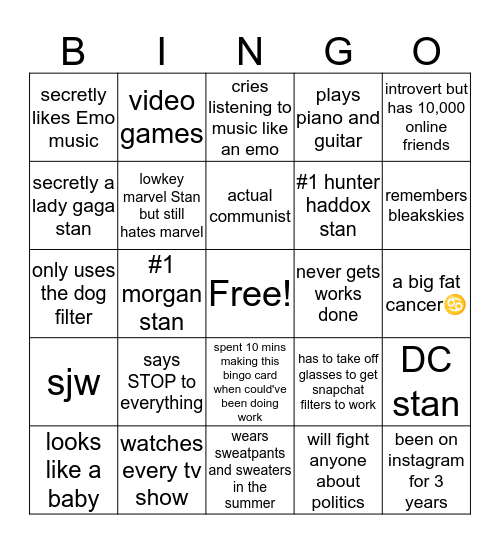 Tyler @trangender Bingo Card