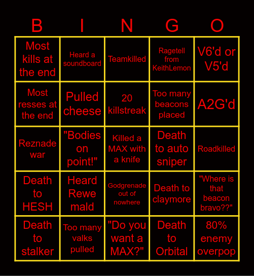 Huntsmen Bingo Card