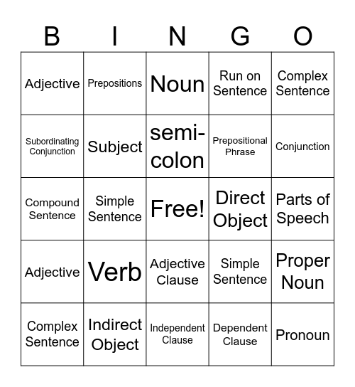 Sentence Bingo Card