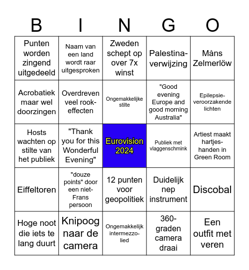 Eurovision 2024 (Joost wins) Bingo Card