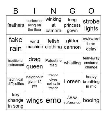 Eurovisie 2024 Bingo Card