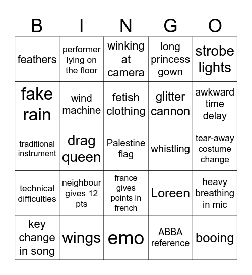 Eurovisie 2024 Bingo Card